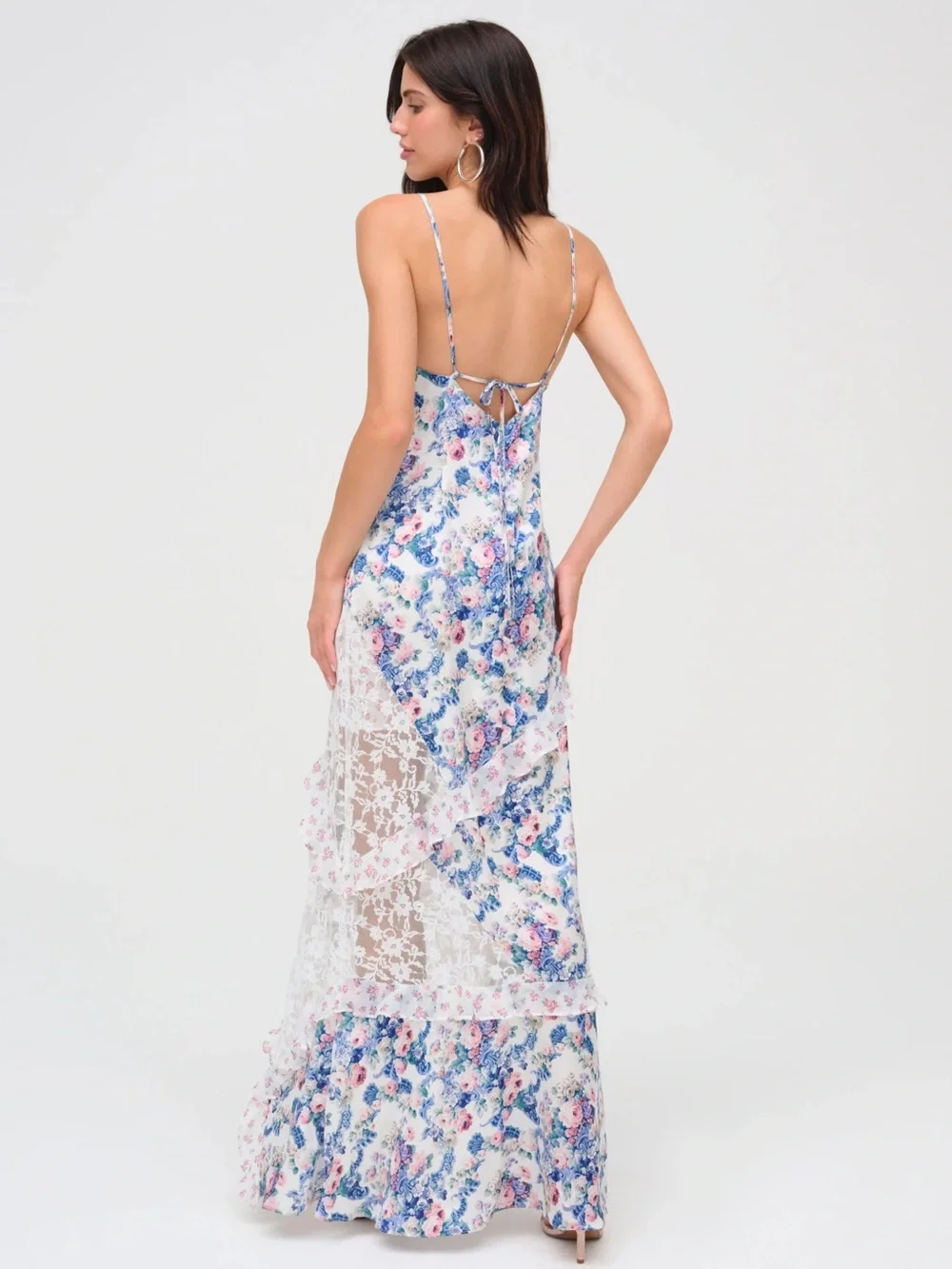 For Love & Lemons Blue Pink Floral Backless Lace Maxi Dress large Joselyn